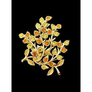 Vintage Estate Signed Coro Flower Brooch Yellow & Amber Rhinestone Mid Century
